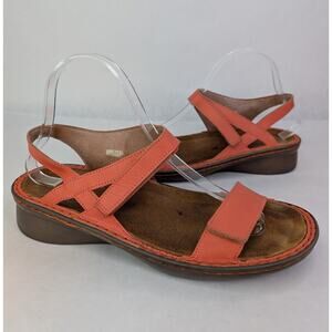NAOT Flat Strappy Sandals Coral Pink Leather Hook & Loop Size 40